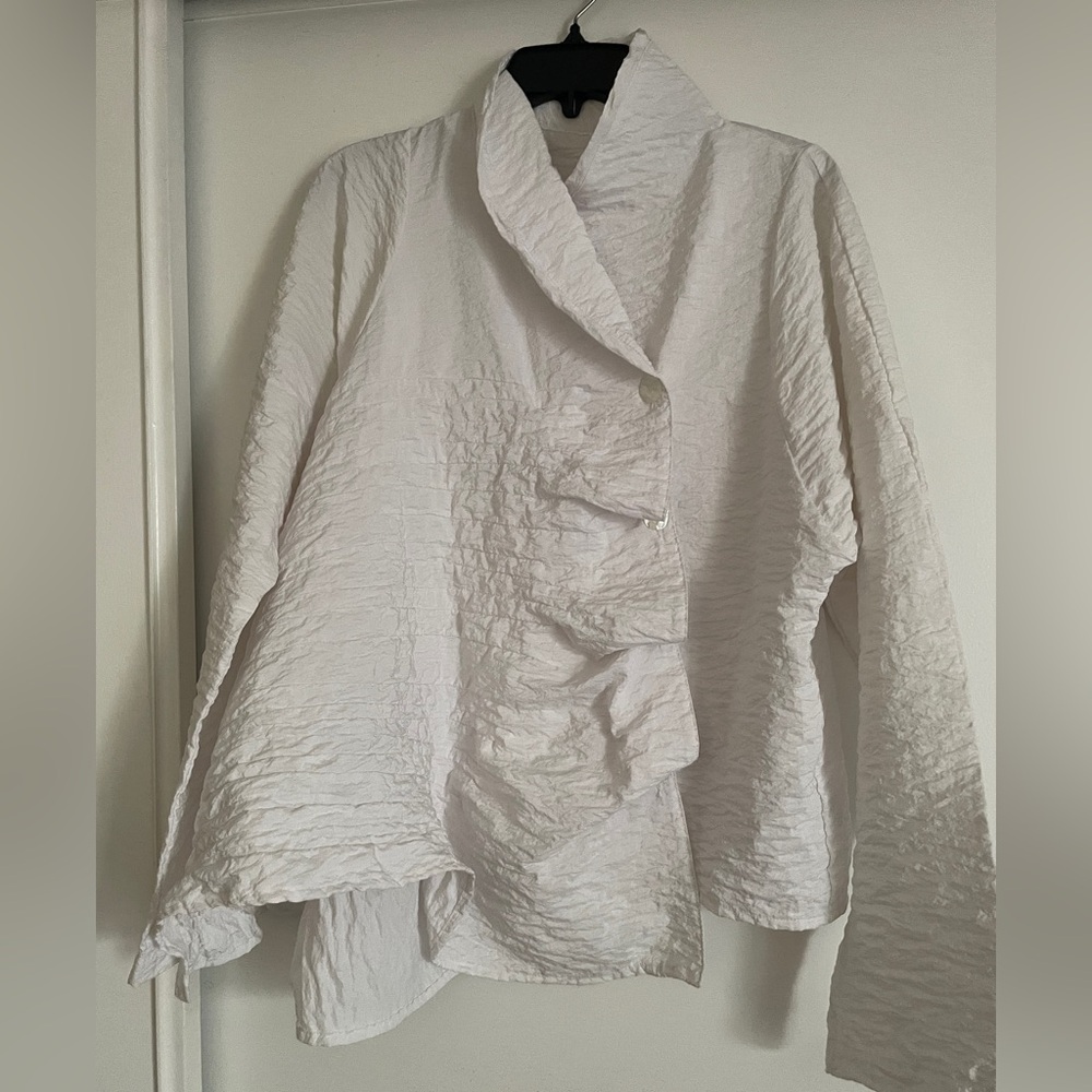 Dress to Kill crinkle fabric asymmetrical button front long sleeve blouse